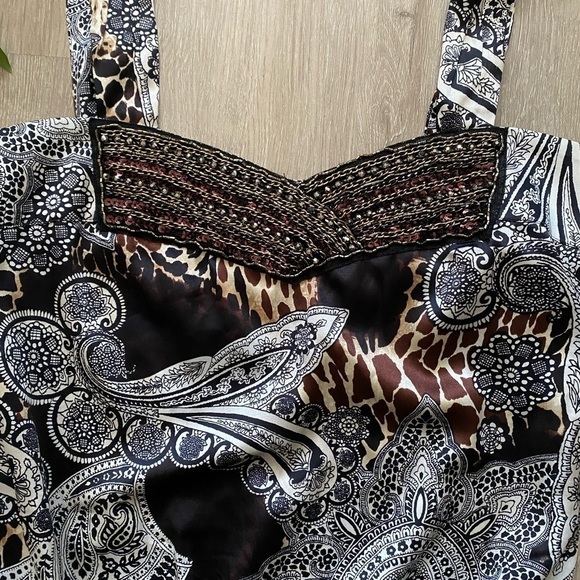 Vintage y2k Cach’e Silky Printed Rhinestone Bling Top - Picture 3 of 5